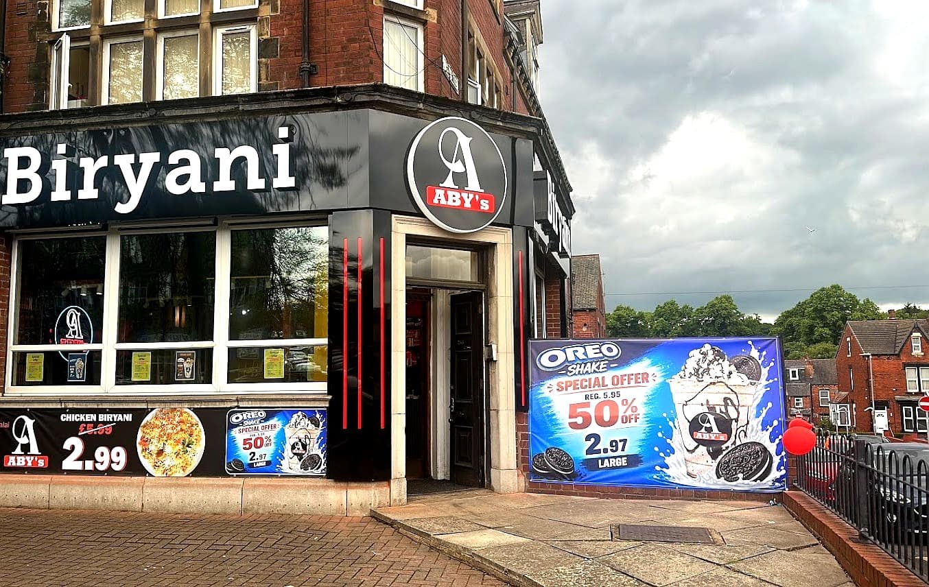 ABY's Biryani daytime storefront at 263 Roundhay Road, Leeds